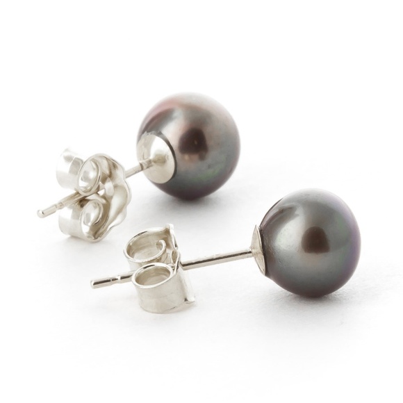 14K. GOLD STUD EARRINGS WITH NATURAL BLACK PEARL - Picture 3 of 8